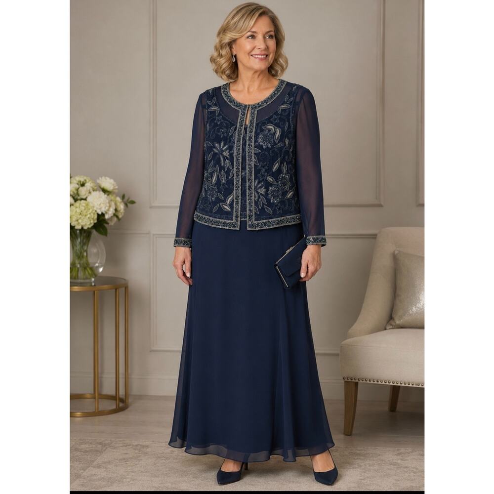 JKARA Beaded Chiffon 2 Piece Gown Set Sz 10 Navy Blue Wedding Formal Event